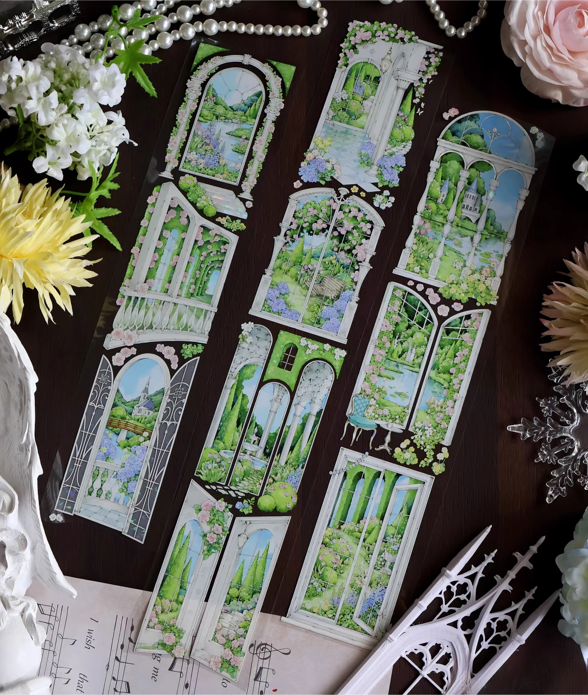 Elegant Castle Garden Window PET Tape featuring arched windows with views of lush gardens, sparkling ponds, and fairytale towers.