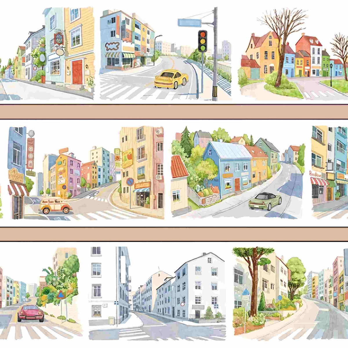 Colorful Town PET Tape – colorful townhouses lining city streets with crosswalks and cars