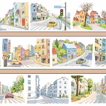 Colorful Town PET Tape – colorful townhouses lining city streets with crosswalks and cars