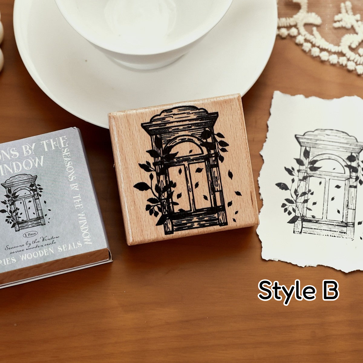 Wooden stamp set with seasonal window frame designs