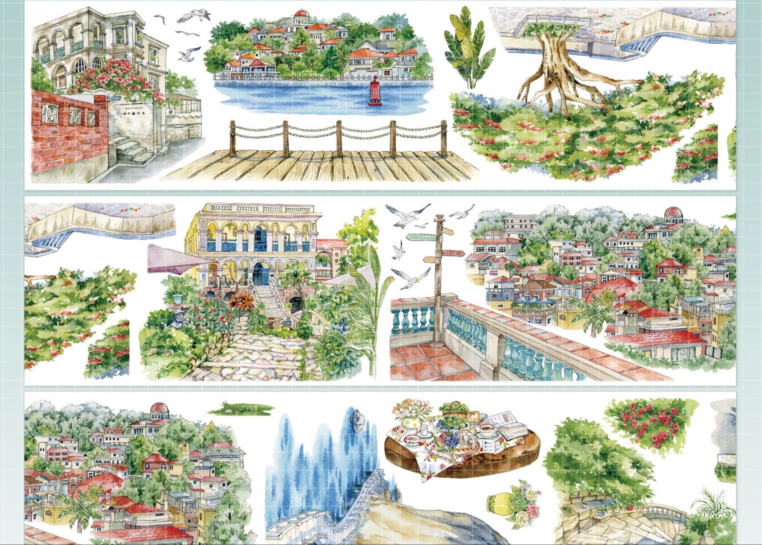 Illustrated scenic designs on a spiral-bound notebook with text and pricing.