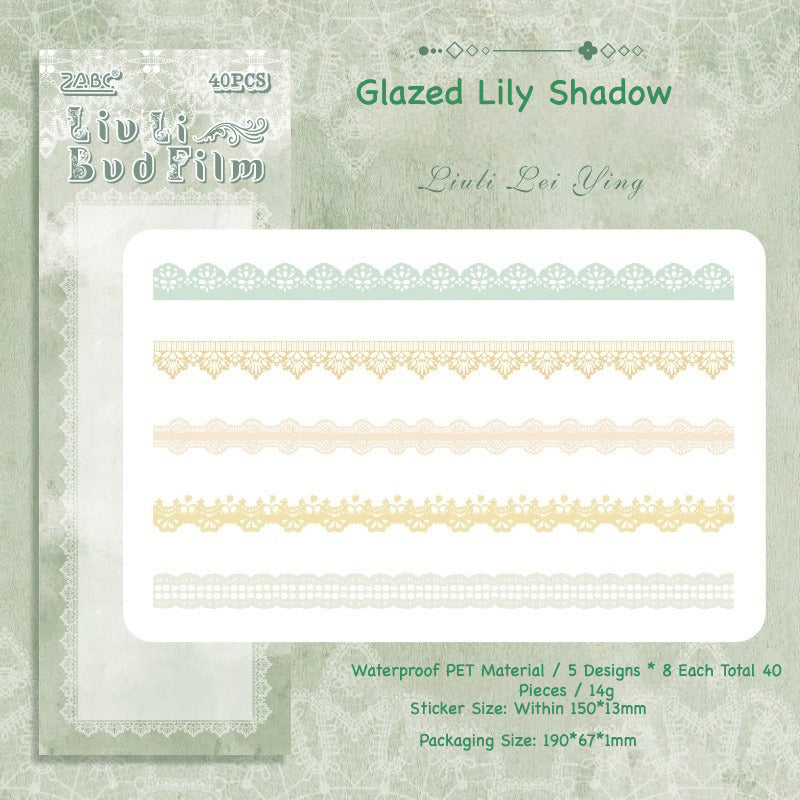 Delicate lace trim sticker strips in white, cream, purple and pink for journaling borders