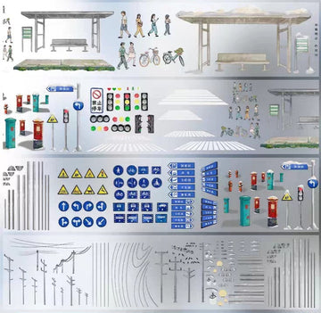 Urban Streetscape Washi Tape 7cm — illustrated city street with bus stop, tram, and pedestrians