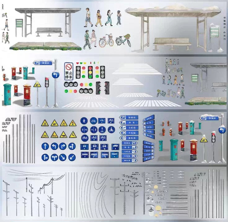 Urban Streetscape Washi Tape 7cm — illustrated city street with bus stop, tram, and pedestrians