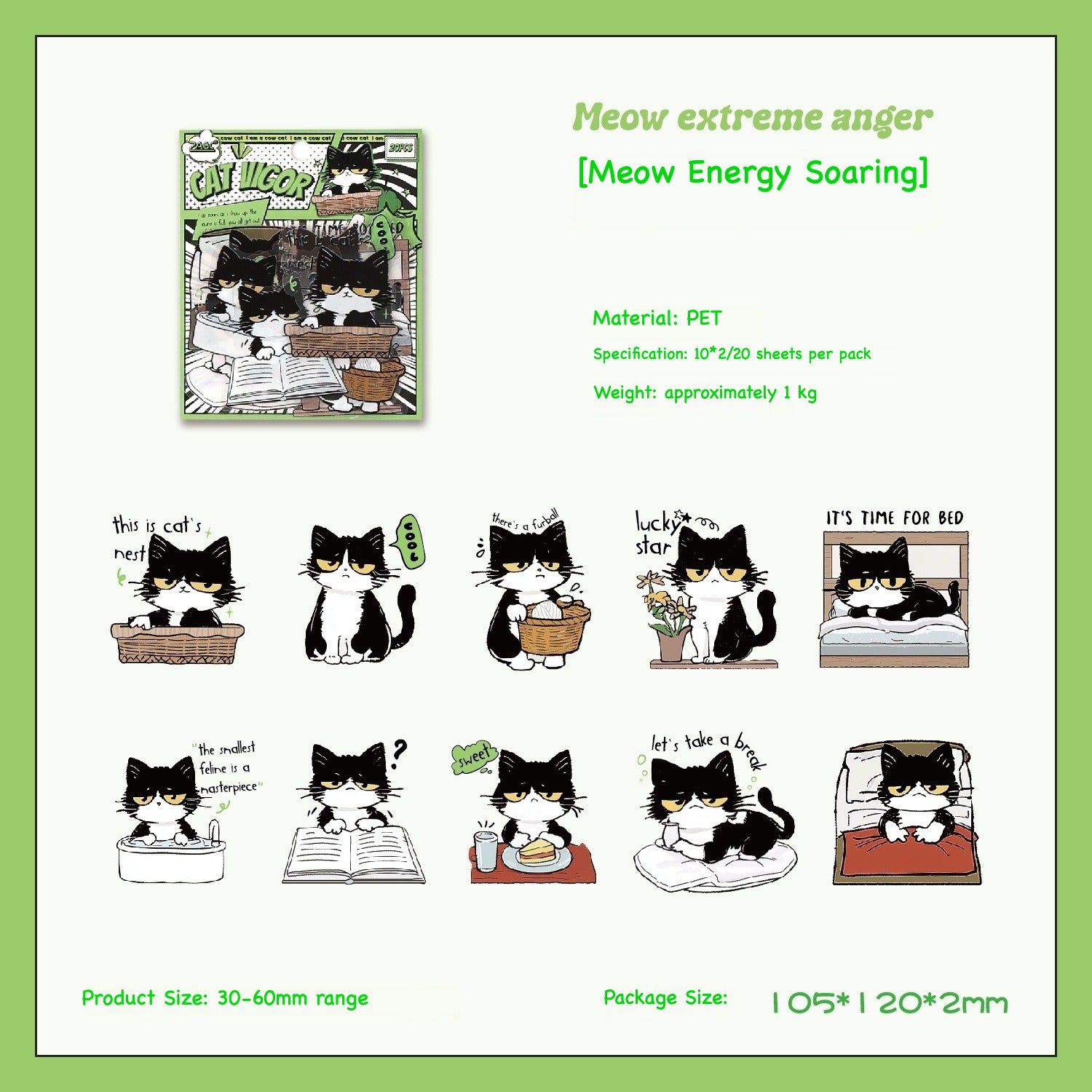 Comic style black and white cat sticker pack – Cat Star, Cool Cat, Cream Puff and Meow Master characters