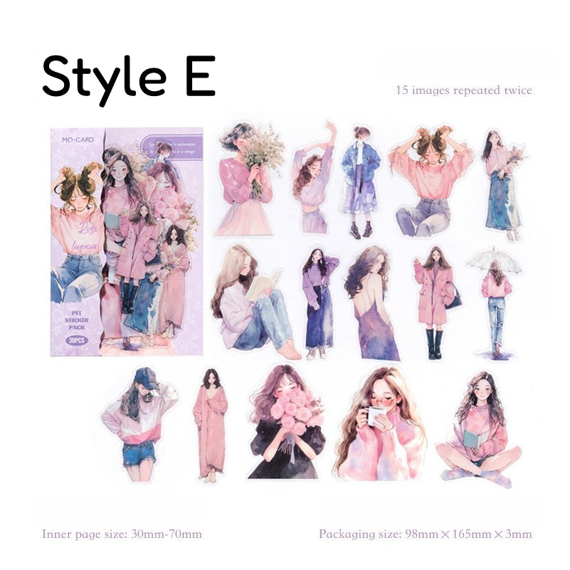 PET sticker pack with Korean fashion character girls, casual outfits, coffee, cakes, flowers, pets, and lifestyle details