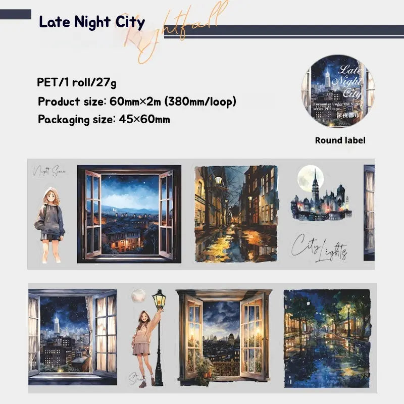 Enchanting Nightfall Series PET Tape showcasing serene moonlit gardens and glowing city streets in intricate detail.
