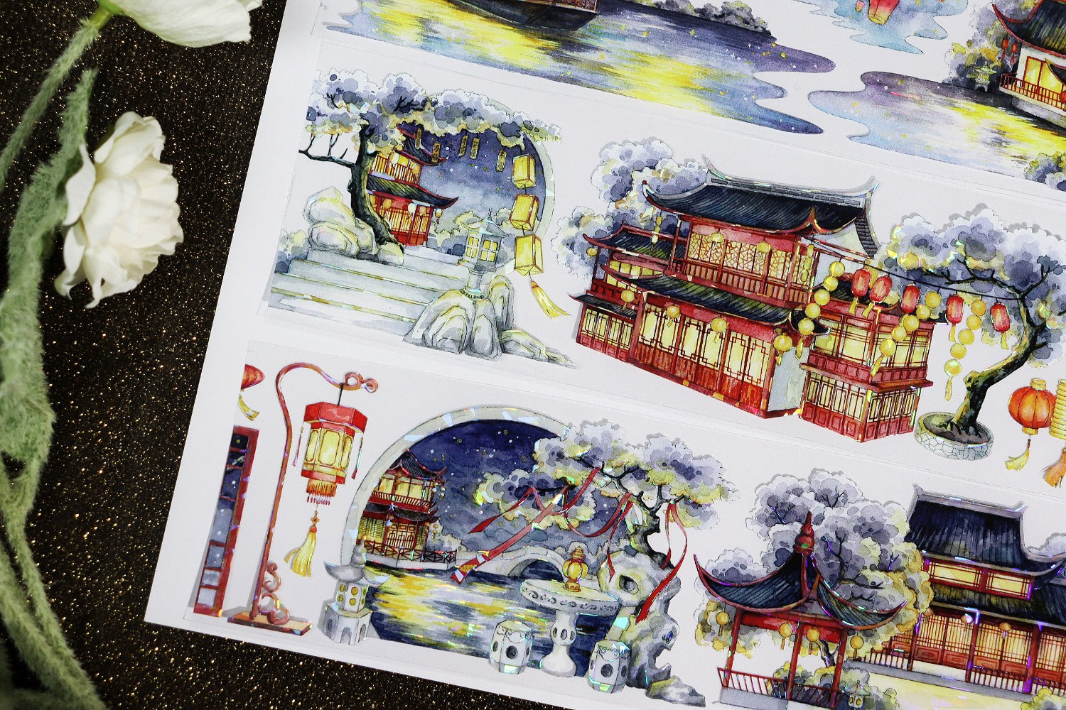 Moonlit Night Lanterns Washi Tape - Pearlescent Shimmer PET Decorative Tape