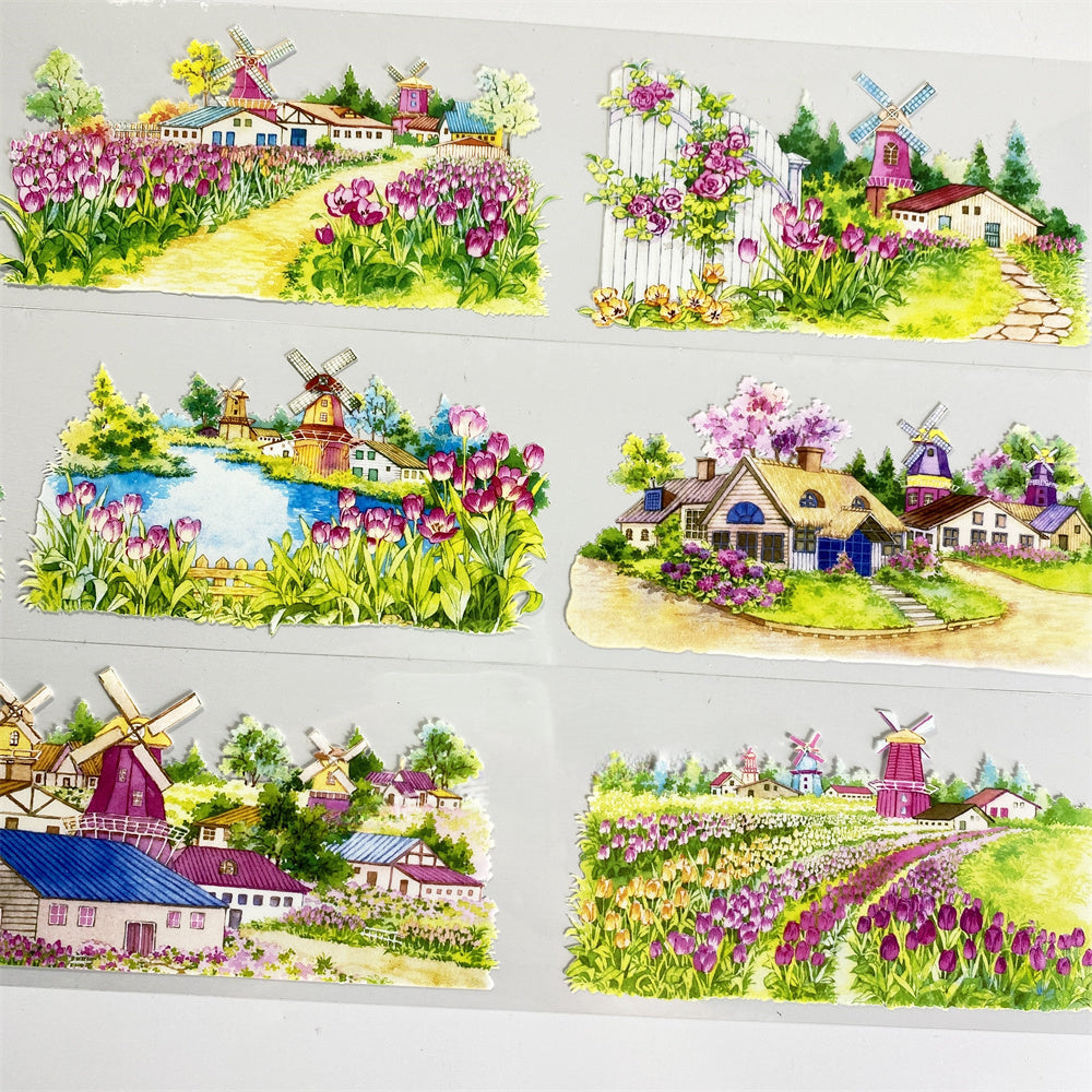 Charming Fairy Tale Town PET Tape in 6 styles, featuring dreamy floral designs, quaint European villages, and serene lakeside scenes.