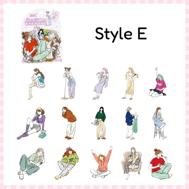 Style E soft girl fashion sticker sheet with seated, standing, and lounging character pieces