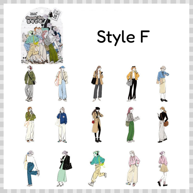 Style F soft girl fashion sticker sheet with modern girl figures in neutral and colorful outfits