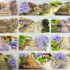 Journaling tape with watercolor alleyway paths and jacaranda trees, PET material by Shroomi