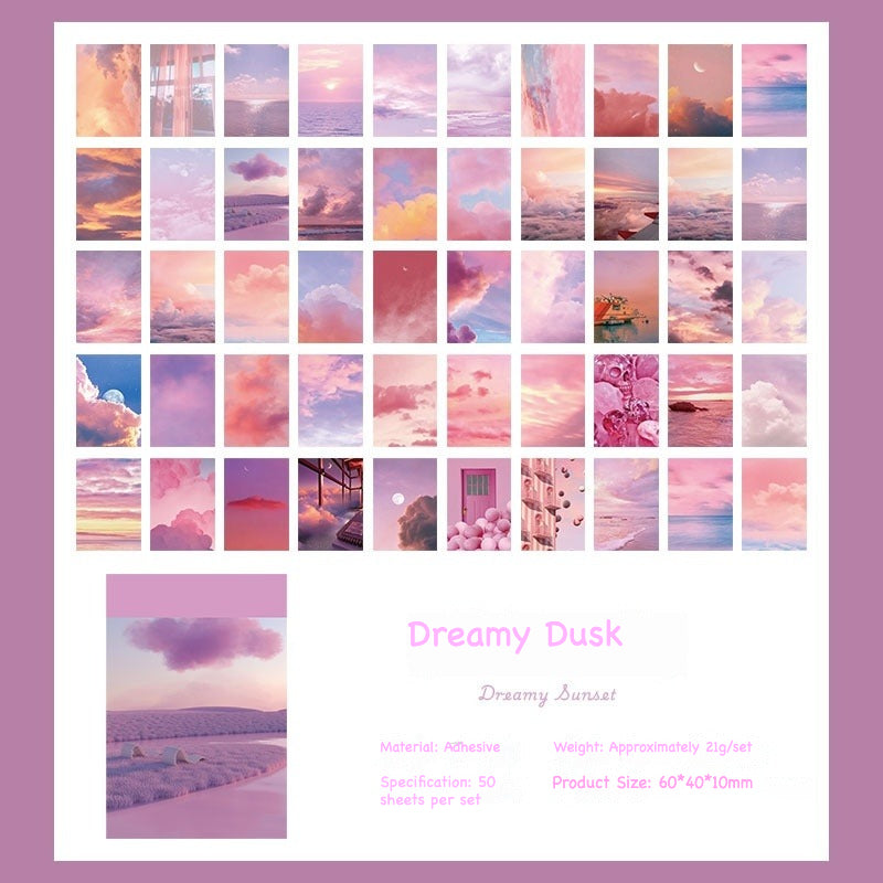Sky and night photography sticker booklet – starry night, sunset glow, moon and purple cloud scenes