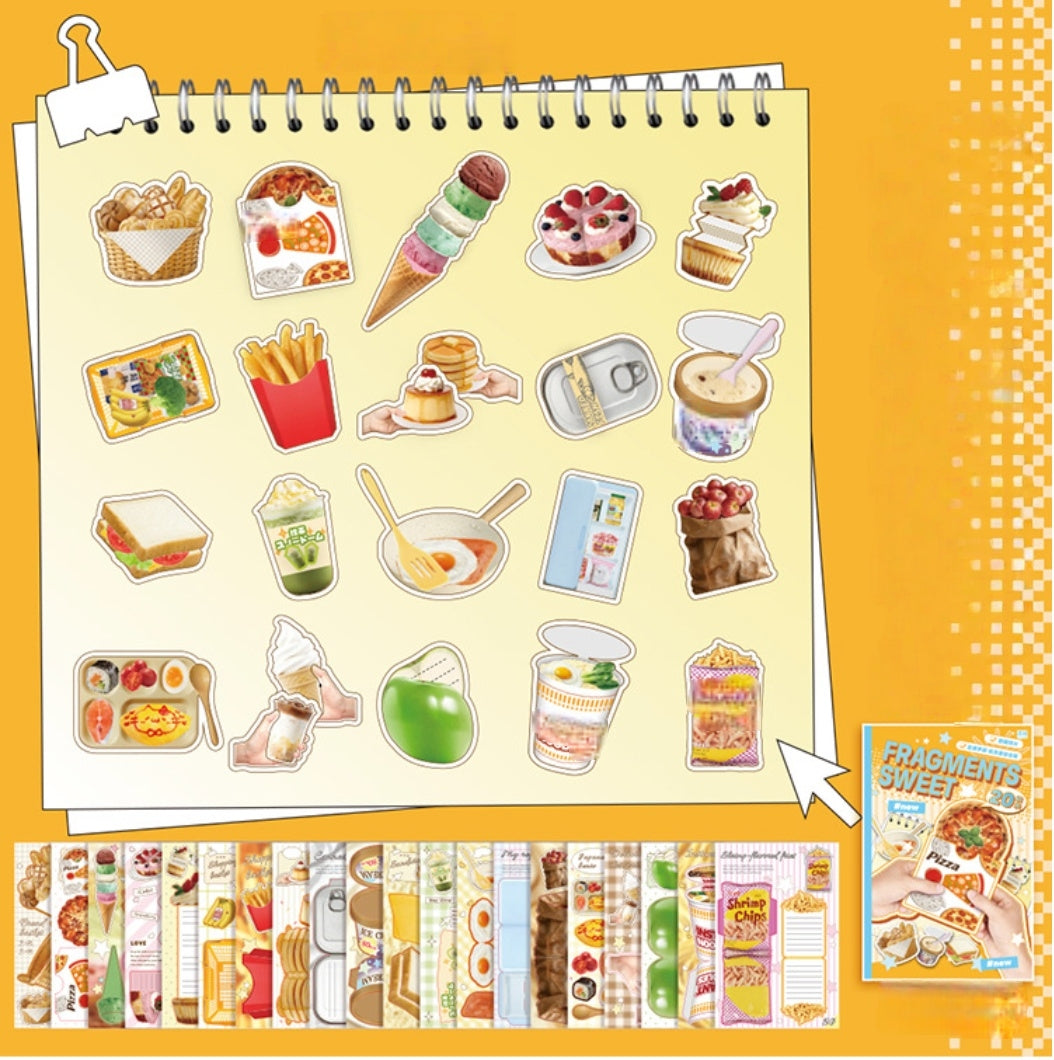 Fragments scrapbook kit with no-cut food pieces, daily notes, photo layouts, memory book cards, and handmade paper scenes