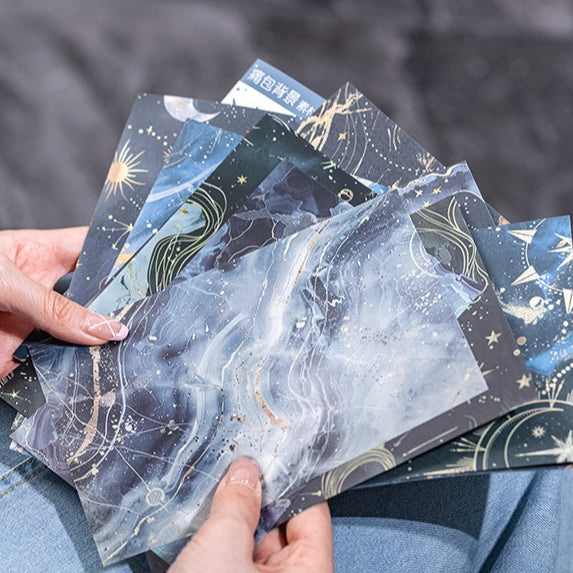 Holographic laser-effect sticker sheet with fragmented starry-sky pattern