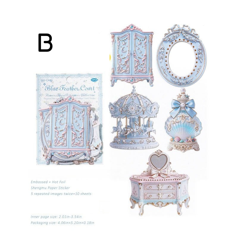 Pastel rococo embossed collage sticker cards with ornate furniture, mirrors, bows, and frame accents - image 11