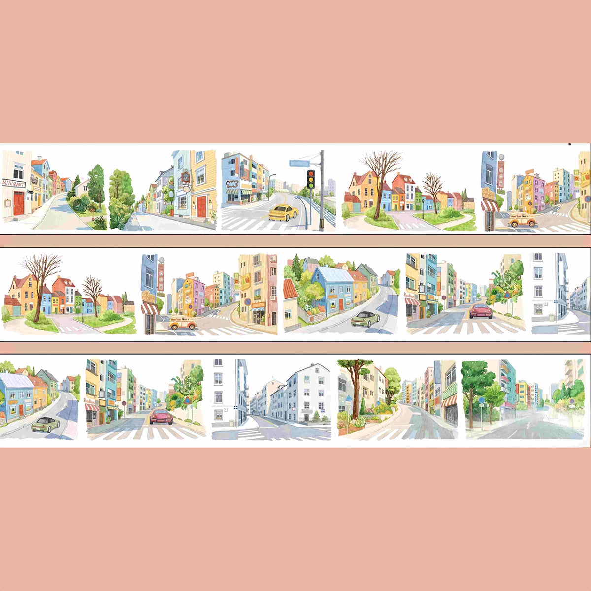 Colorful Town PET Tape – colorful town street design with buildings and cars