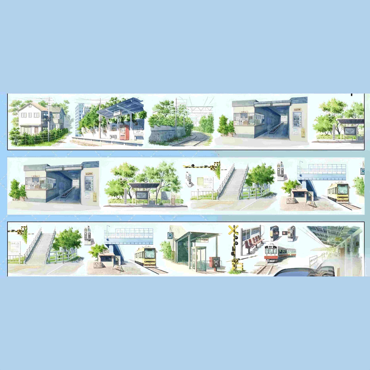Old Train Station PET Tape – train station design with platform stairs and ticket gates
