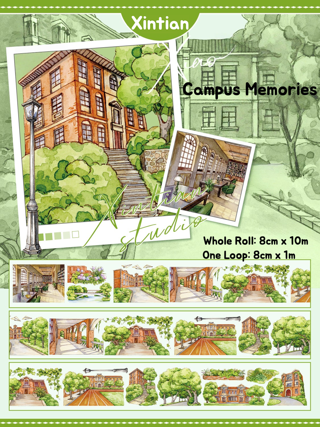 Vibrant XINTIAN Scenery Series PET washi tape showcasing a watercolor seaside town with serene blues and lush greens.