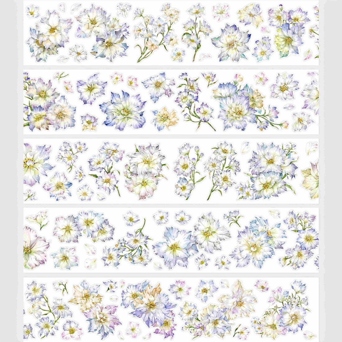Delicate white and lavender watercolor floral die-cut stickers in a fluttering pattern