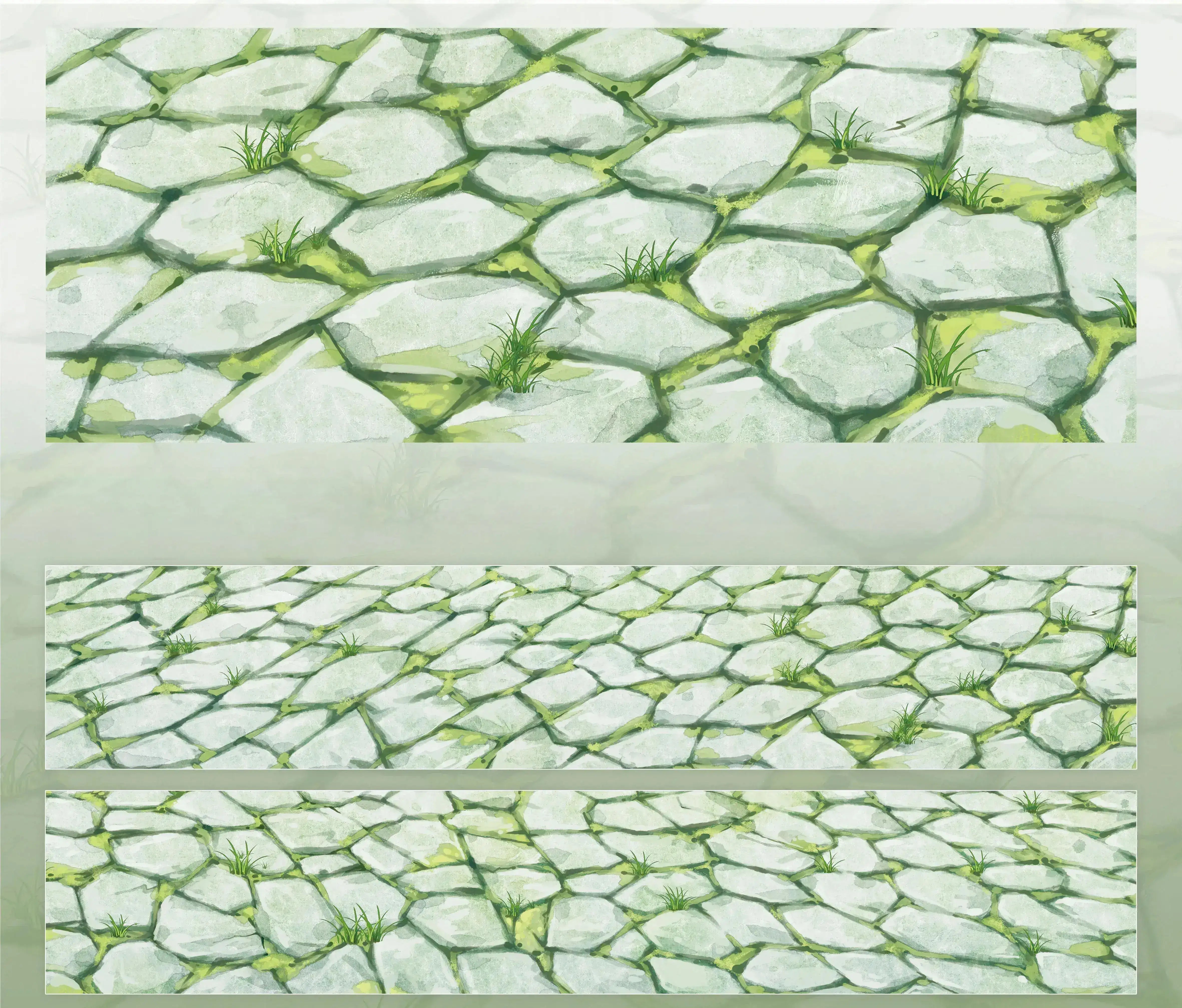 Pattern of green and white stones with grass on a textured background