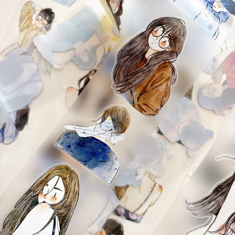 Detail of watercolor girl portrait illustrations on tape