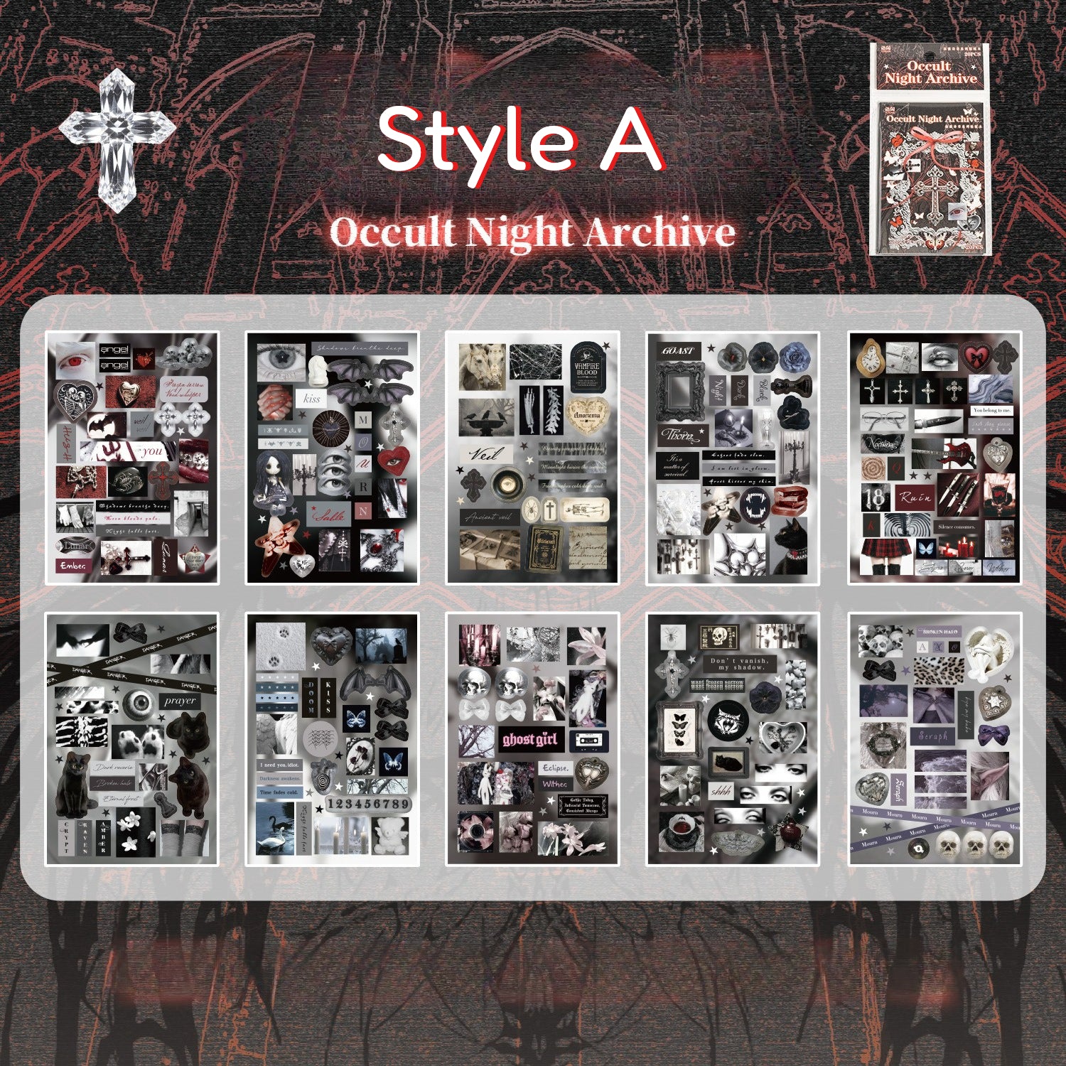 Occult Night gothic PET sticker book with crosses, angels, butterflies, ornate frames, and dark red accents - image 8