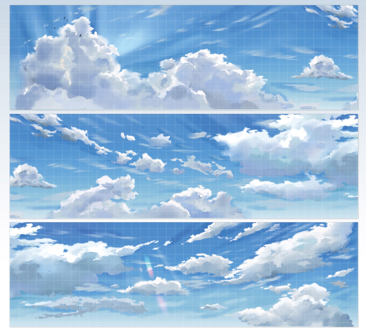 Three panels of a blue sky with white clouds.