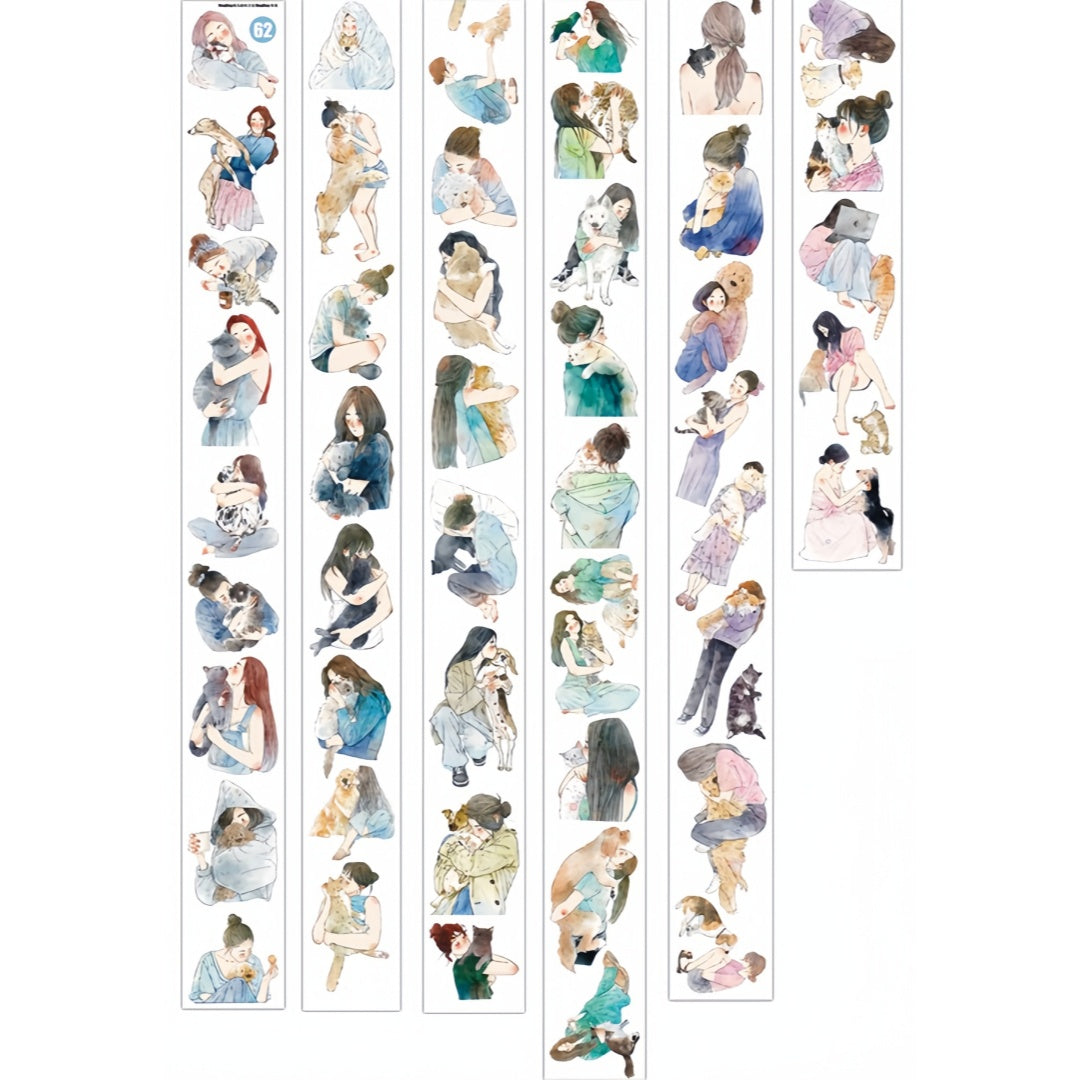 Six strips of girls hugging pets tape design