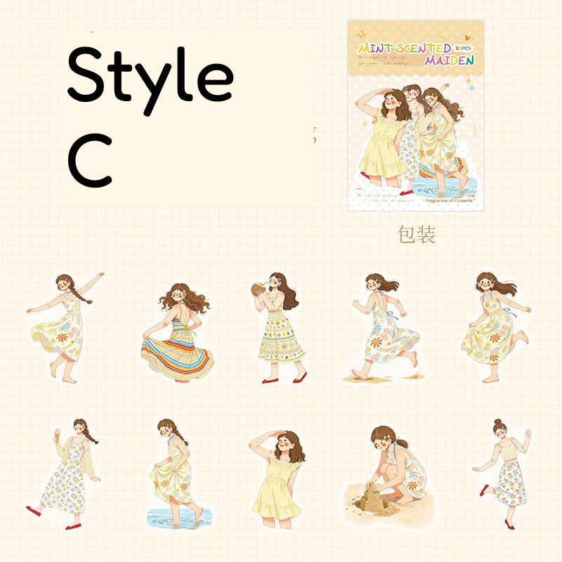 Mint-toned PET scene sticker pack with illustrated girls, house scenes, grass, flowers, blue skies, and summer details