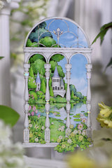 Elegant Castle Garden Window PET Tape featuring arched windows revealing lush gardens, sparkling ponds, and fairytale towers.
