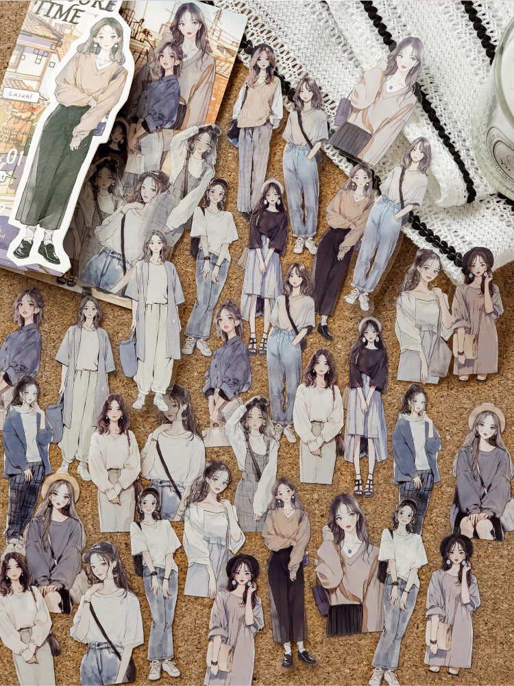 Clear aesthetic stickers showing fashionable women in casual wear, ideal for journaling, Shroomi.