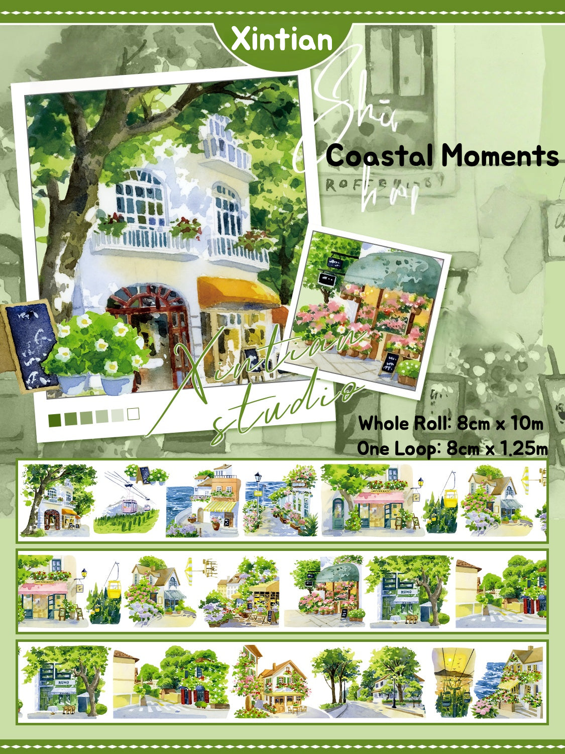 Vibrant XINTIAN Scenery Series PET washi tape showcasing watercolor-style seaside towns and lush mountain landscapes.