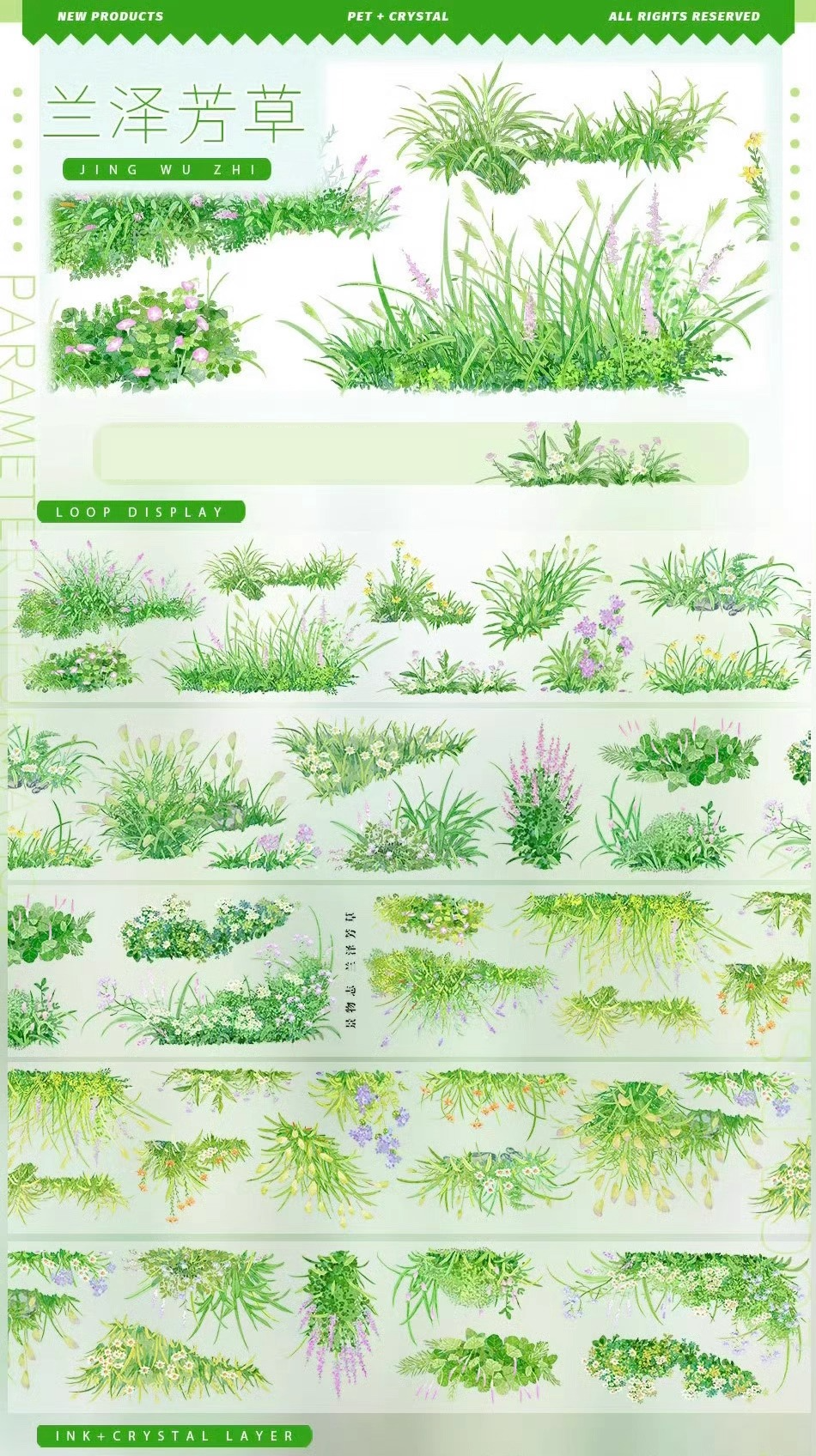 Vibrant Meadow Grass PET Tape showcasing lush wildflowers, grasses, and foliage on a clear background for crafting.