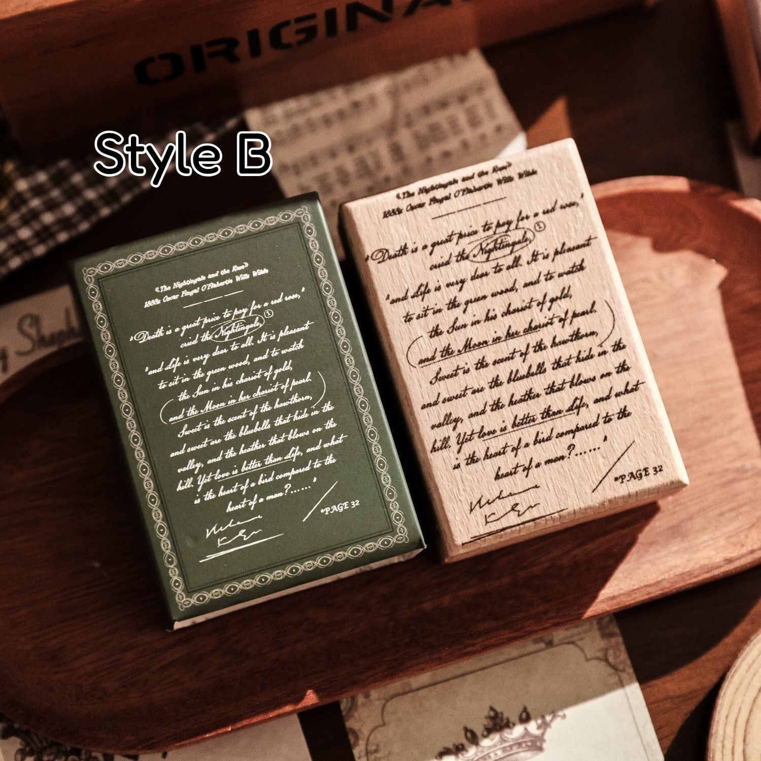 Vintage wooden stamp set with literary text designs