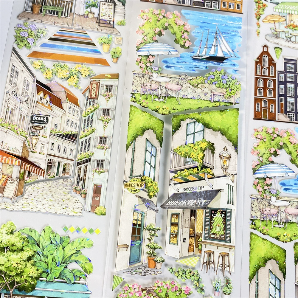 Charming Little Encounter PET Tape showcasing a cozy café street scene with detailed buildings, coffee signs, and greenery.