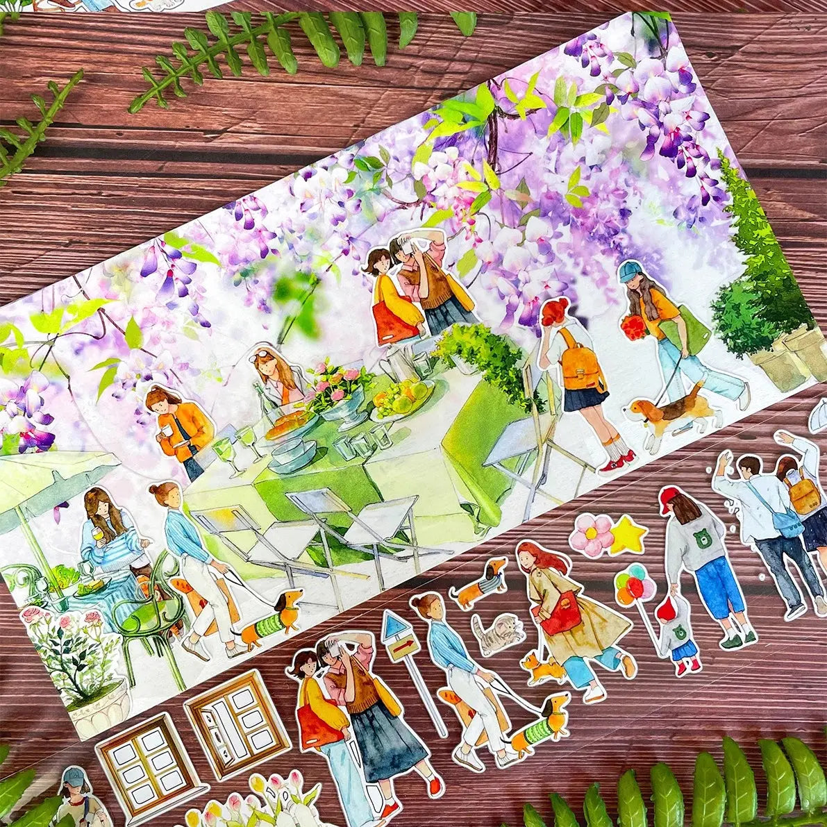 Everyday Strolls characters arranged in a journal layout beneath wisteria trees, showing the tape used in a scrapbook scene