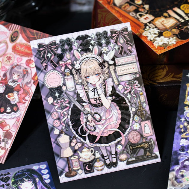 Gothic doll girl sticker sheet with ribbons and lace