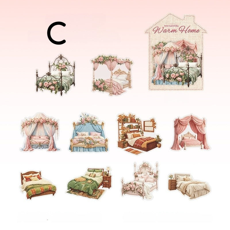 Style C cozy bedroom sticker sheet with beds, curtains, shelves, and soft floral room pieces