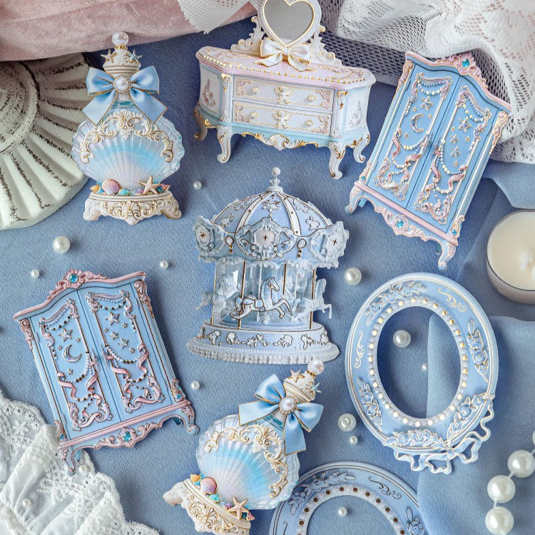 Pastel rococo embossed collage sticker cards with ornate furniture, mirrors, bows, and frame accents - image 8