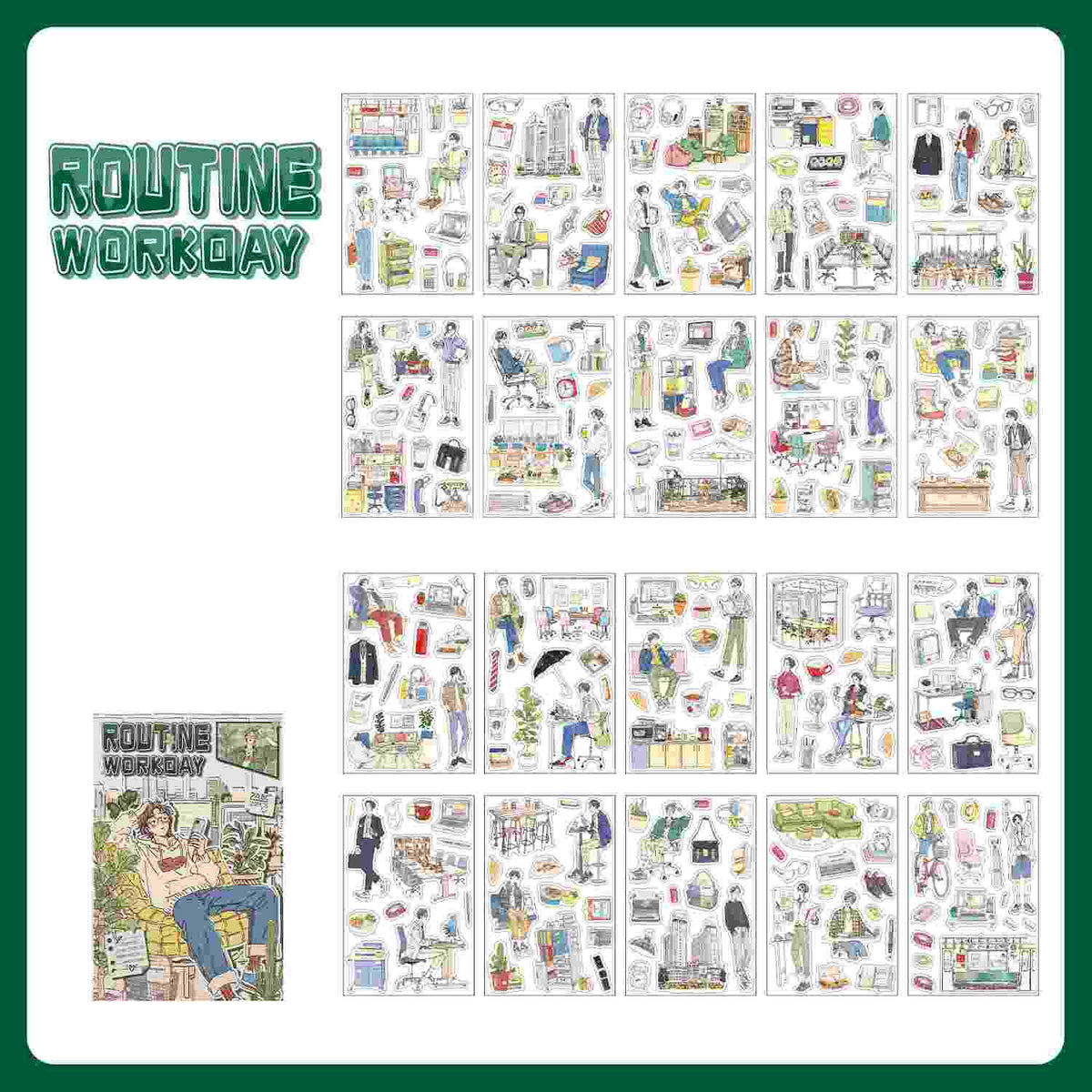 Illustrated sticker sheet of a workday scene, "Routine Workday"