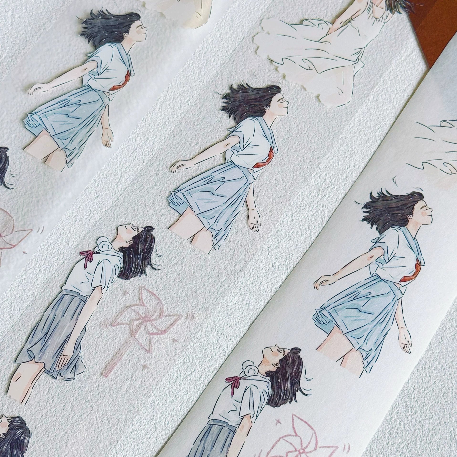 Windy Day Character PET tape with flowing dress girl illustrations
