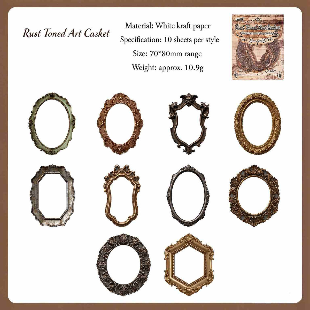 Rust Toned Art Casket style: ten oval and shield-shaped antique frame stickers