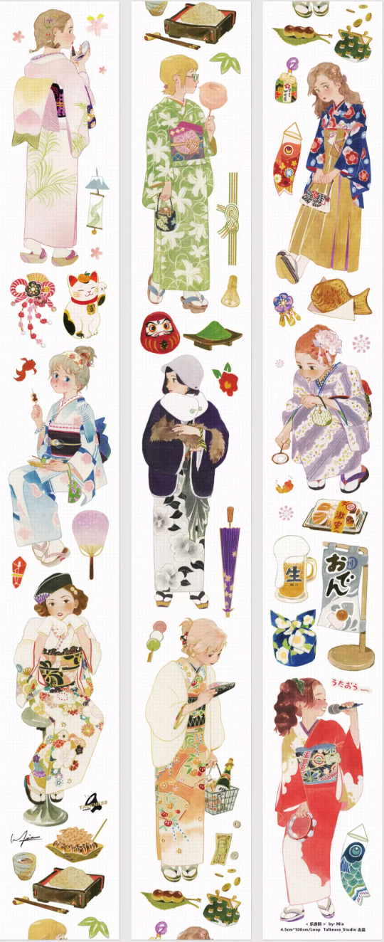 Japanese festival hand-painted PET tape with kimono figures and festival decor
