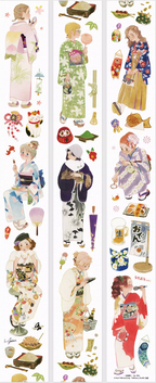 Japanese festival hand-painted PET tape with kimono figures and festival decor