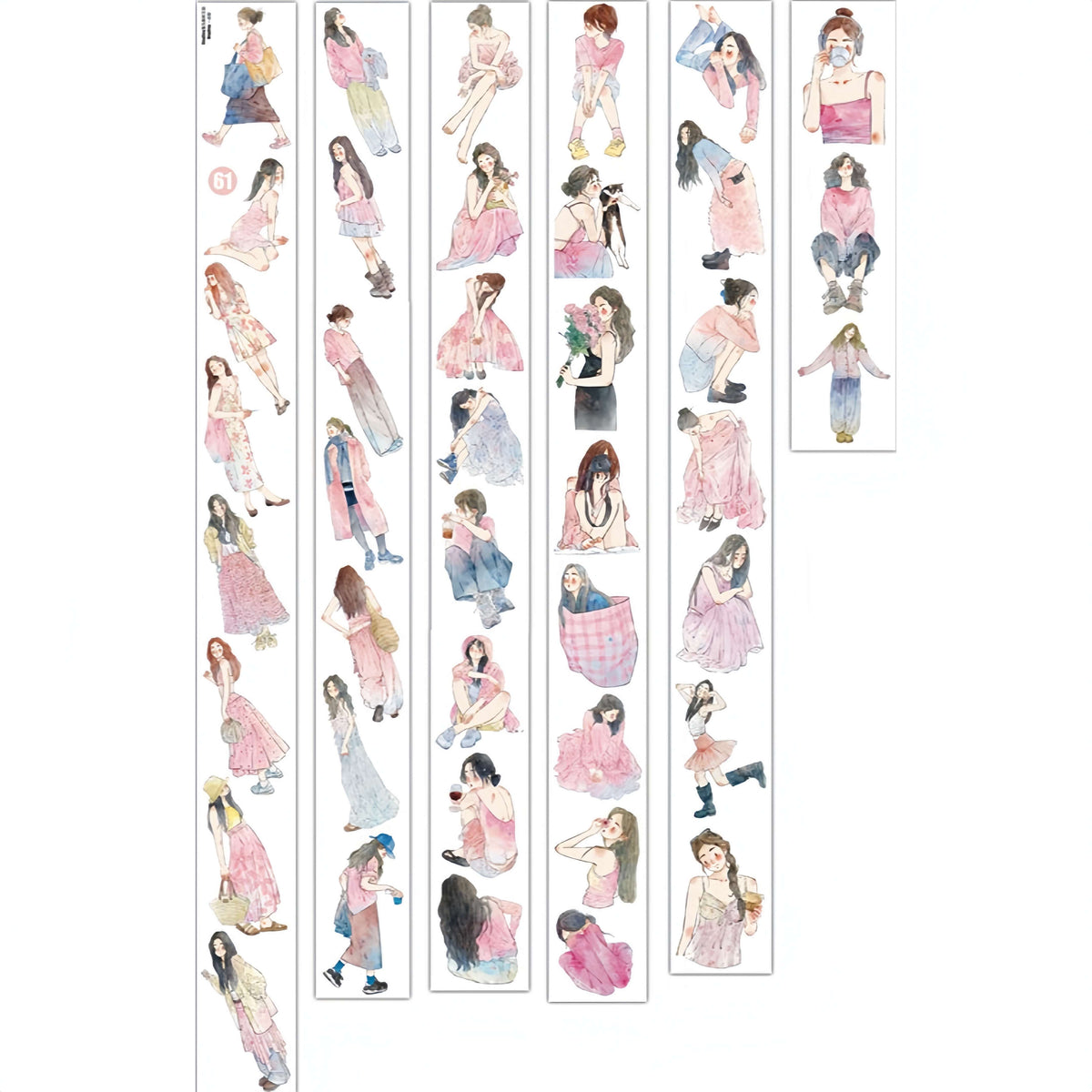 Six strips of pink watercolor girl tape design