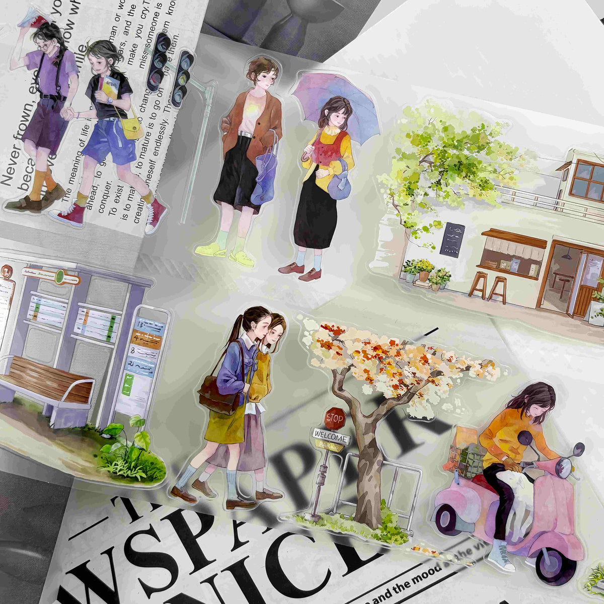 Die-cut illustrations of anime-style girls walking city streets past a bus stop, cafe storefront, and a girl riding a scooter with a dog
