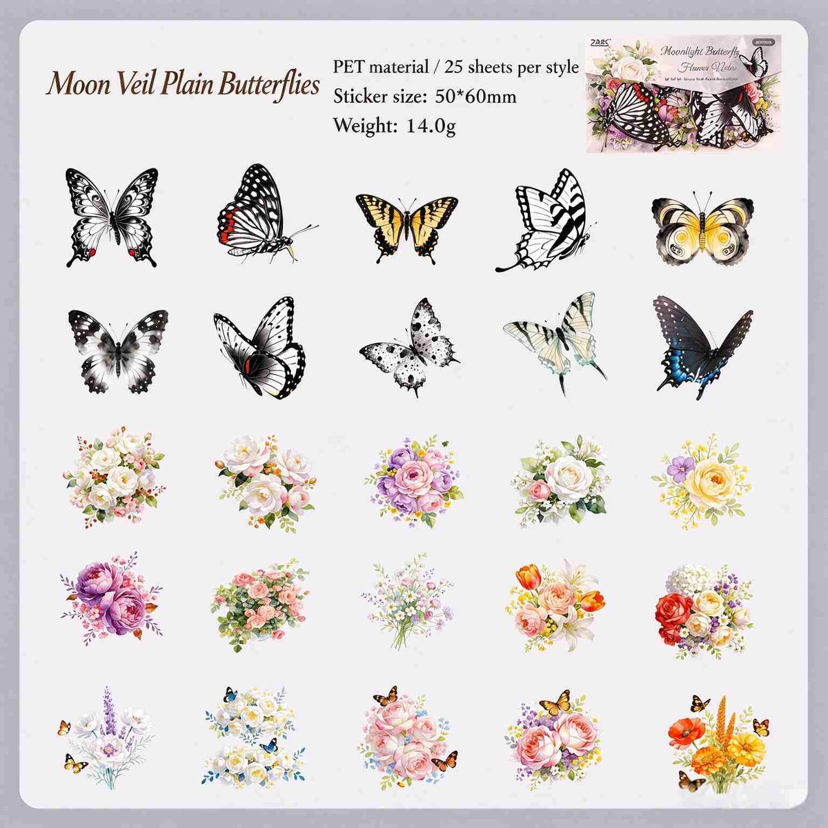 Moon Veil Plain Butterflies style: black and white butterflies with pastel flowers