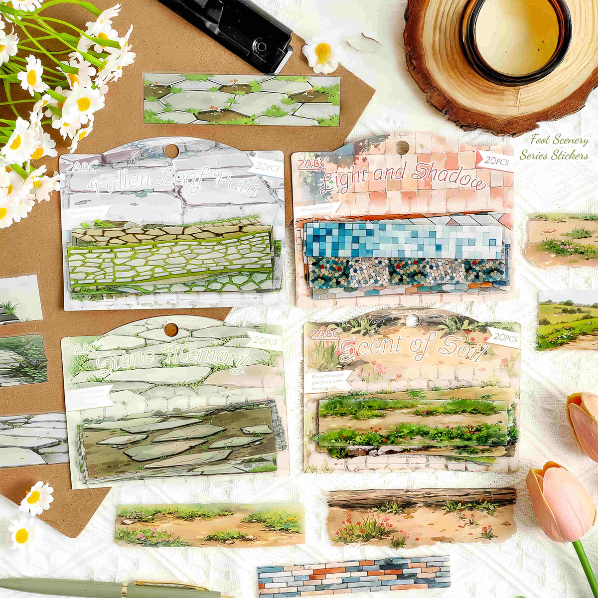 Border sticker sheet of stone paths, fallen leaves, and soil-texture scenery, "Foot Scenery Series" pack