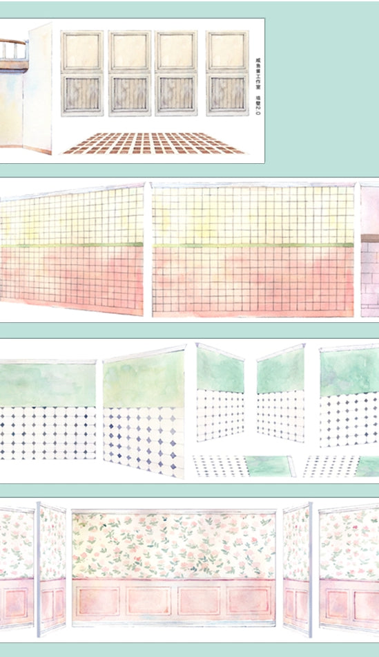 Wall 2.0 tape — wooden panel doors with terracotta floor, pink mosaic tile walls, diamond tile floor section, floral wallpaper room with open doors